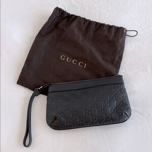 Gucci Black Embossed Leather zip wristlet